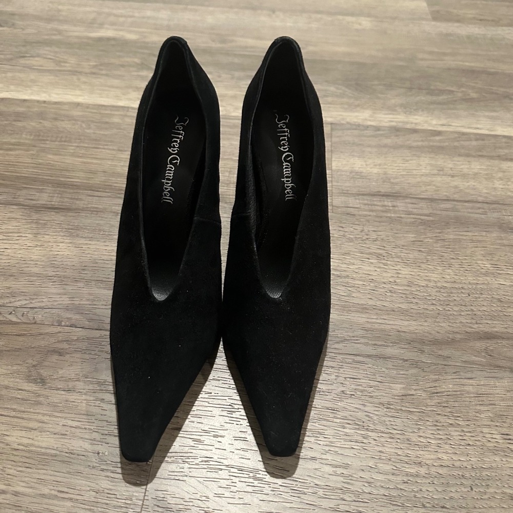 Jeffrey Campbell Hints-Hi Black Suede Pointed Toe Flared Heel Pumps Womens 6M